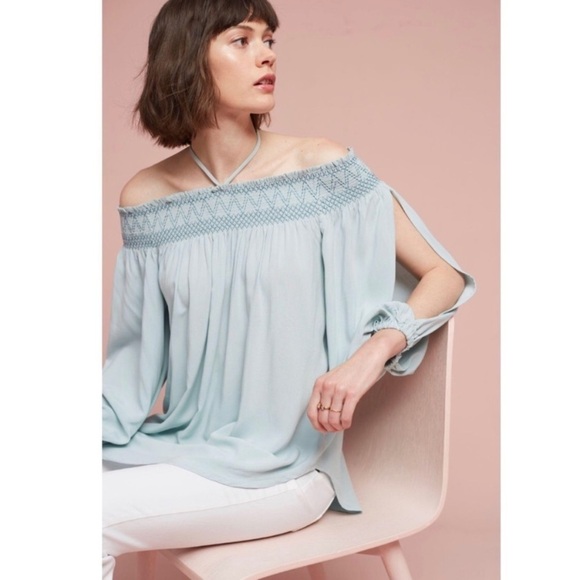 NEW Anthropologie Holding Horses Turquoise Rosario Off Shoulder Open Arm Blouse - Picture 2 of 11